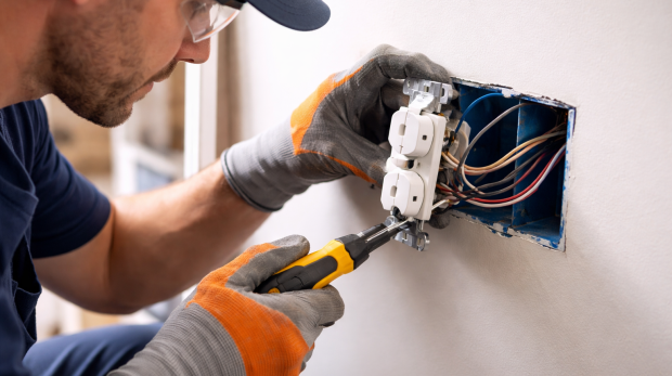 Profissional fazendo instalação com materiais elétricos